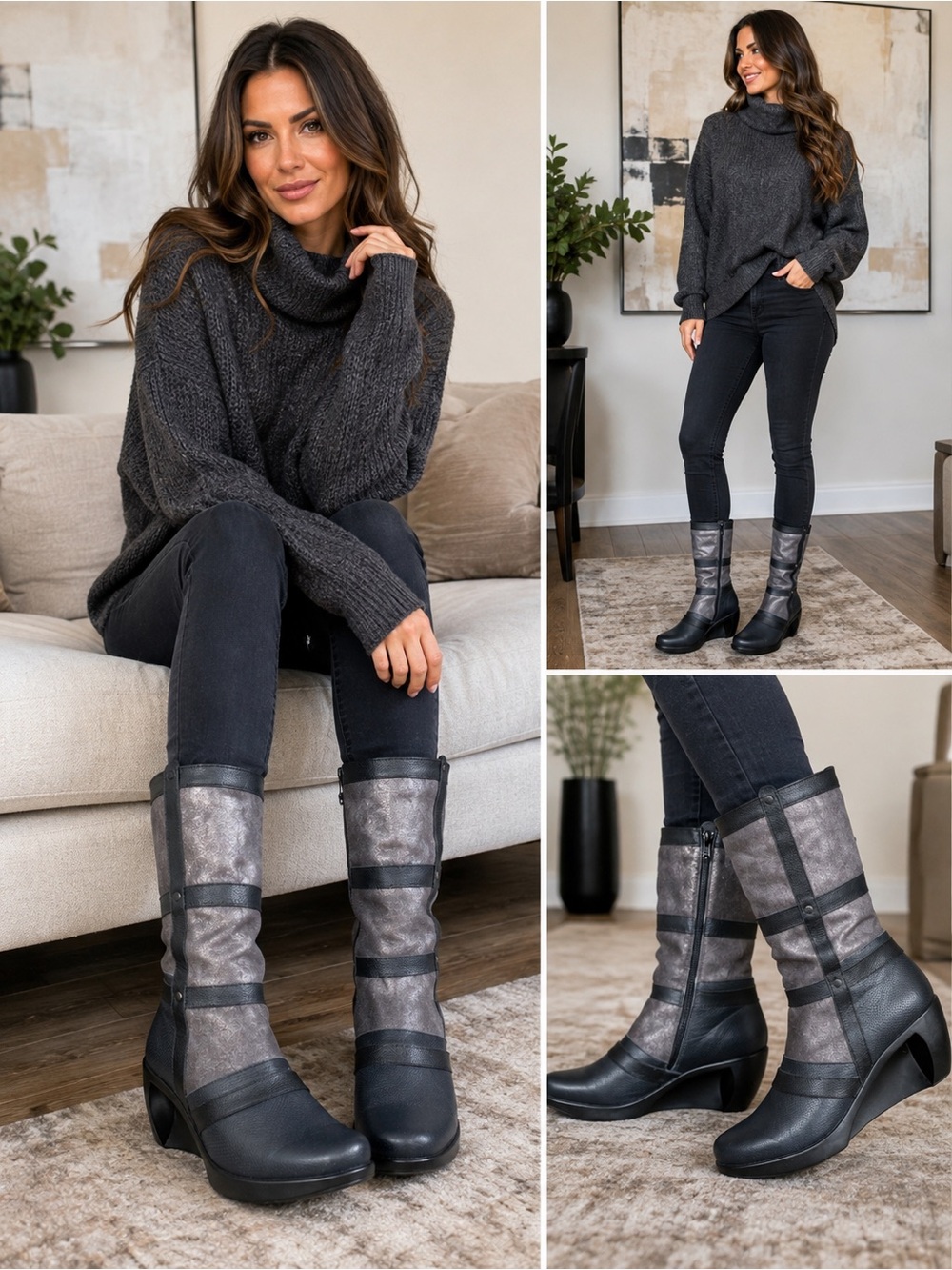 Naot Mid Calf Moon Suede Cage
Leather Wedge Boots, Size 10